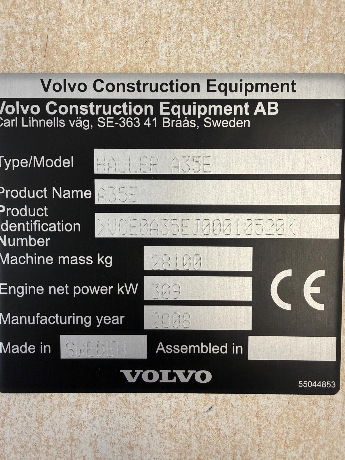 Placa de Volvo A35E para identificación y compatibilidad